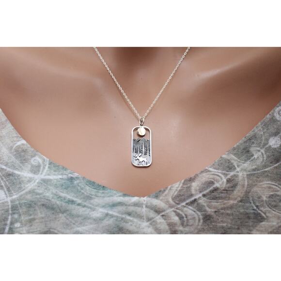 Sterling Silver Rectangle Moose Charm with Bronze Sun Necklace - Picture 2 of 6